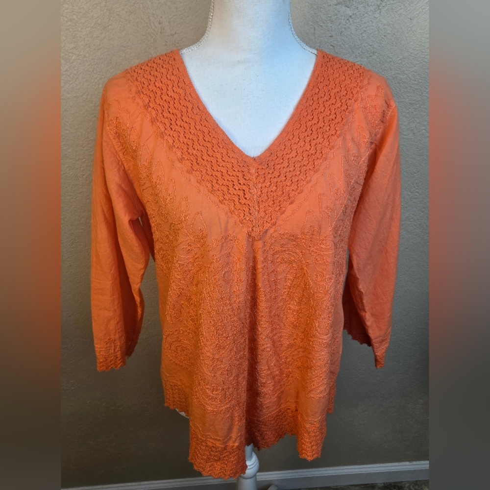 Shubham Orange Embroidered V-Neck Tunic Top Medium (6464)